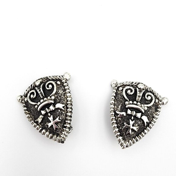 Vintage BSK Clip Earrings Collegecore Prepschool 80s Knight Shield Crest Silver - Picture 1 of 4